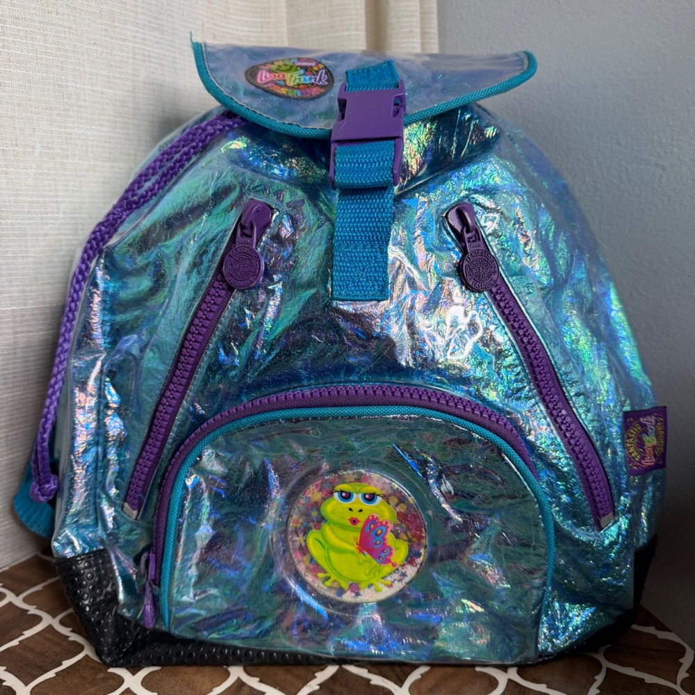 90s Vintage Lisa Frank Backpack Iridescent Frog Drawstring Blue FLAWED READ